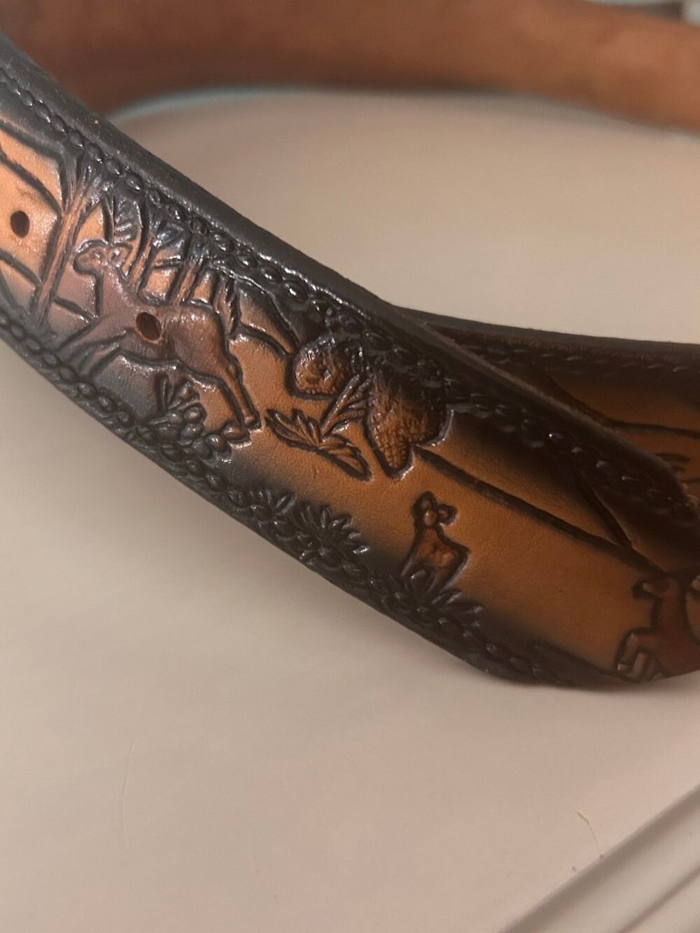 Vintage Woodland Deer Scene Belt Brown Rustic Nature Cottagecore Embossed 1.5"